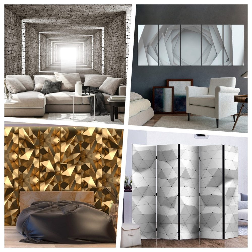 3D optiskas ilūzijas interjerā – fototapetes, gleznas un aizslietnis