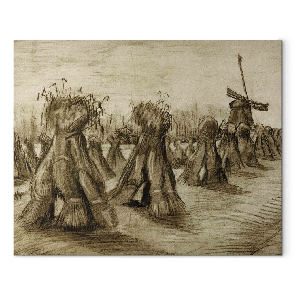 Gleznas reprodukcija - Vincent van Gogh - Wheat Field with Sheaves and a Windmill