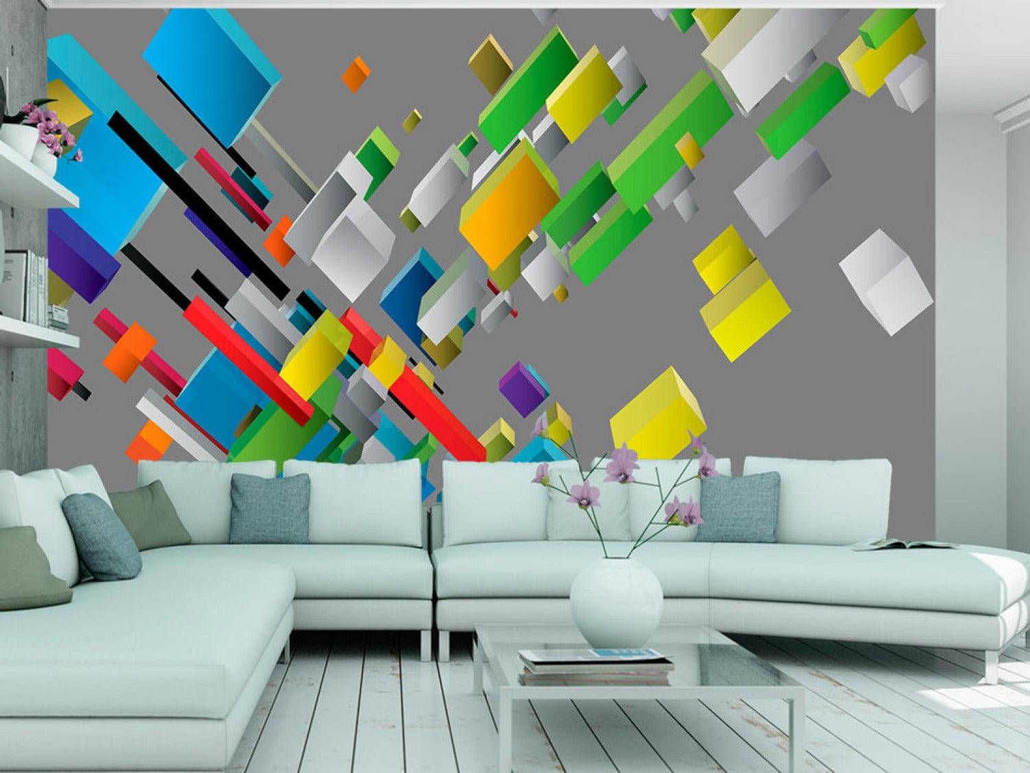 3D fototapetes - krāsaina ģeometriska abstrakcija uz pelēka fona, 97649 E-interjers.lv