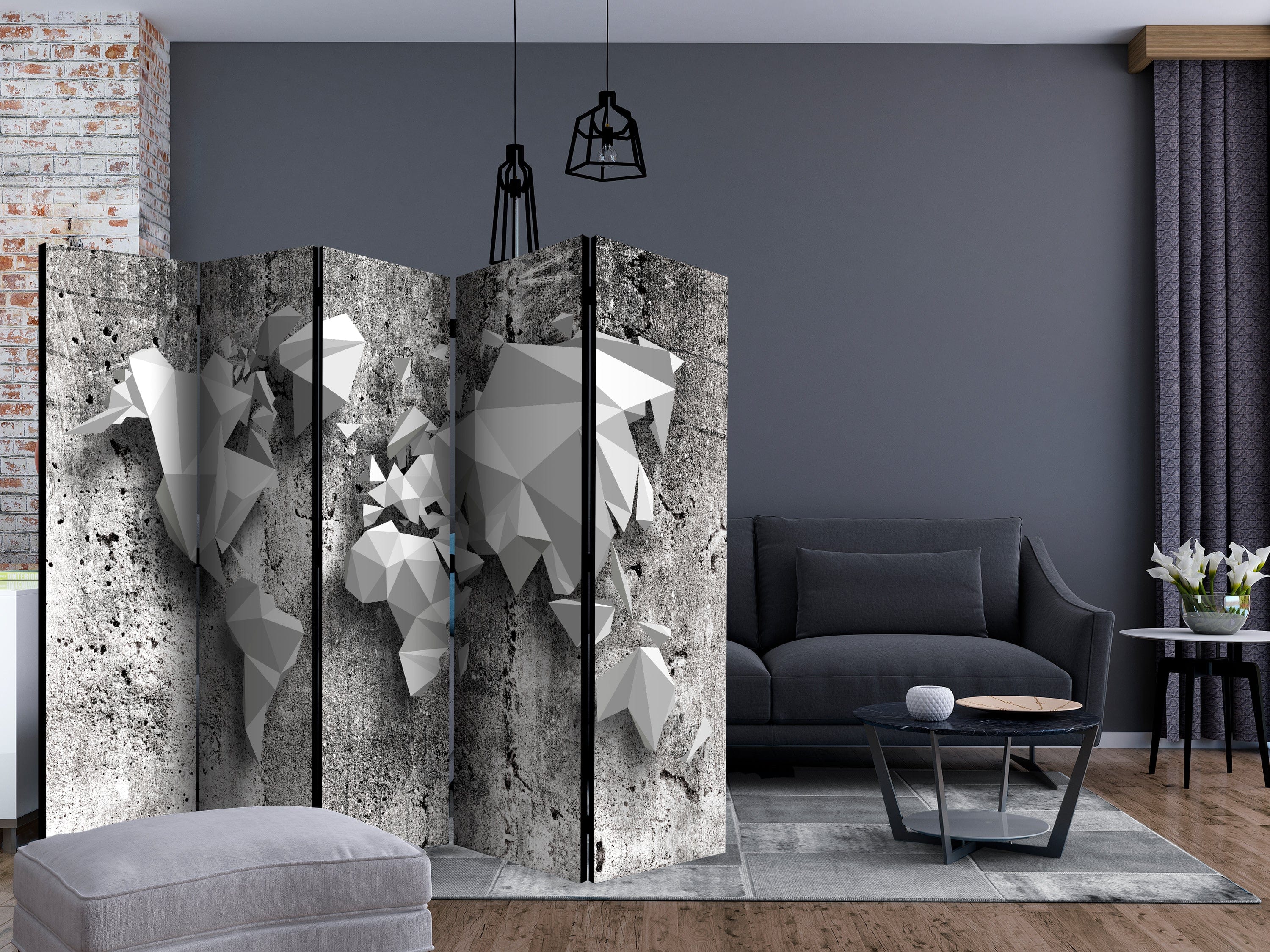Aizslietnis 5-daļīgs - Pasaules karte - Origami (225x172cm) 225x172 cm Home Trends