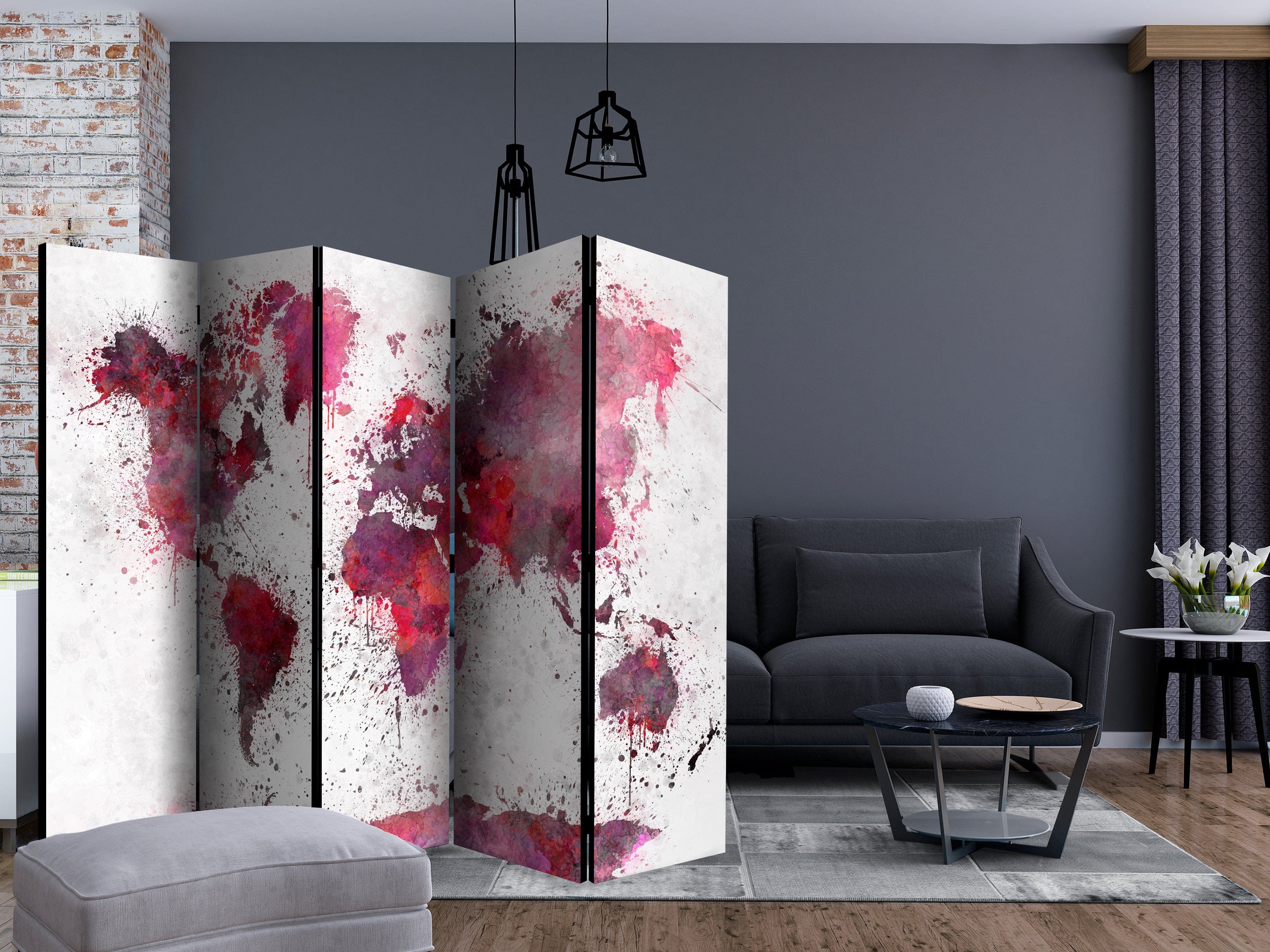 Aizslietnis 5-daļīgs - Pasaules karte - sarkanā akvareļkrāsa (225x172cm) 225x172 cm Home Trends
