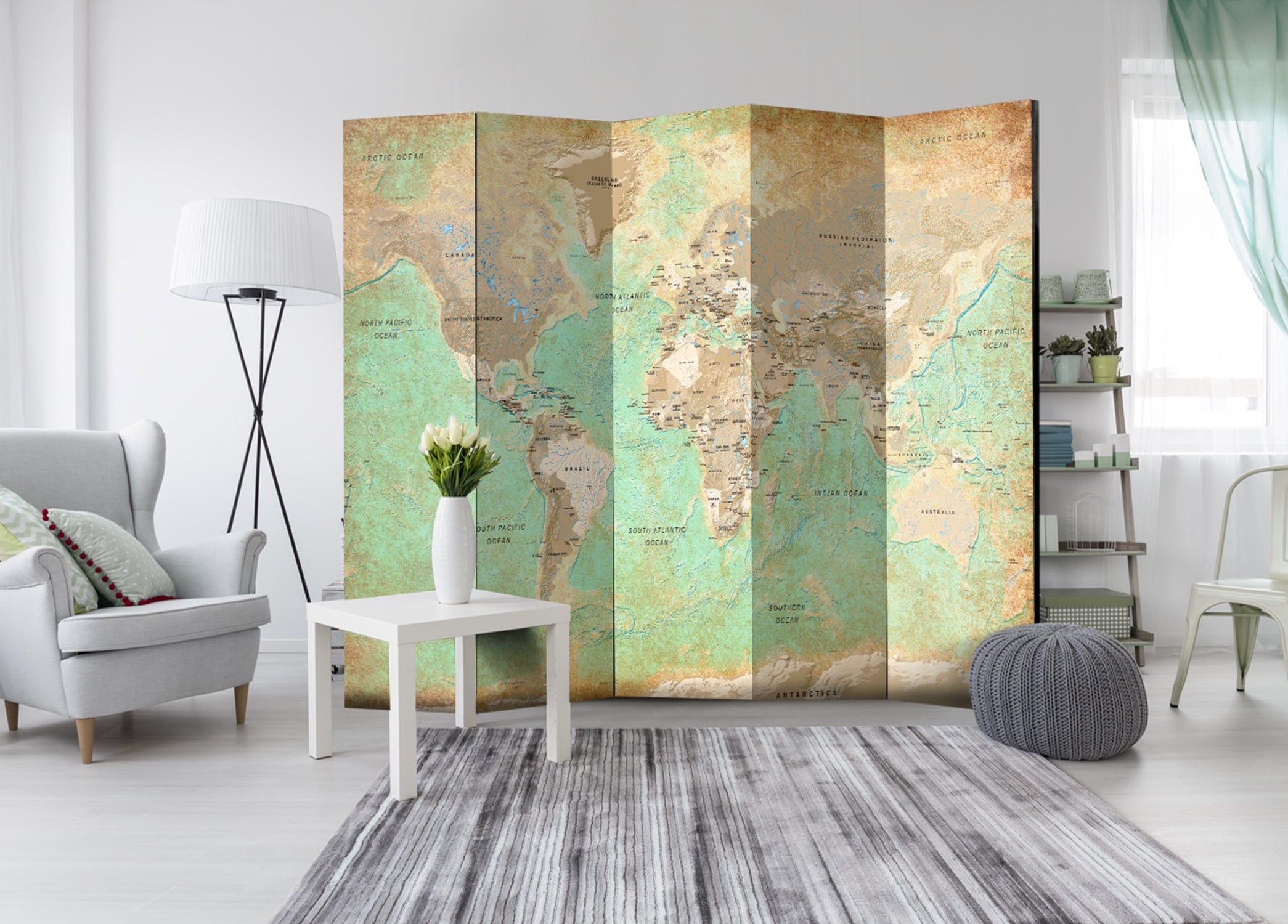 Aizslietnis 5-daļīgs - Tirkīza pasaules karte (225x172cm) 225x172 cm Home Trends