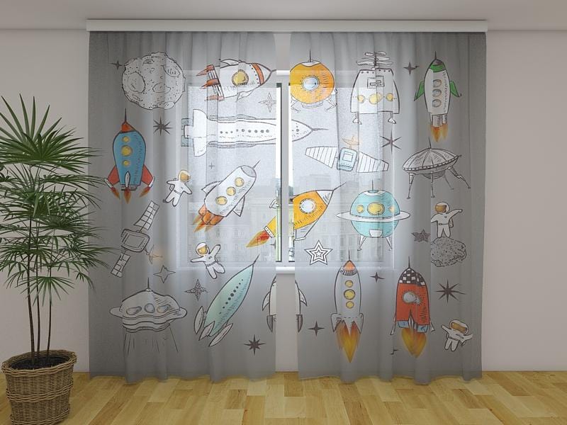 Dienas un nakts aizkari - Kosmosa kuģi un raķetes 180 x 140 cm (2X 90x140 cm) / Сaurspīdīgs šifons E-interjers.lv