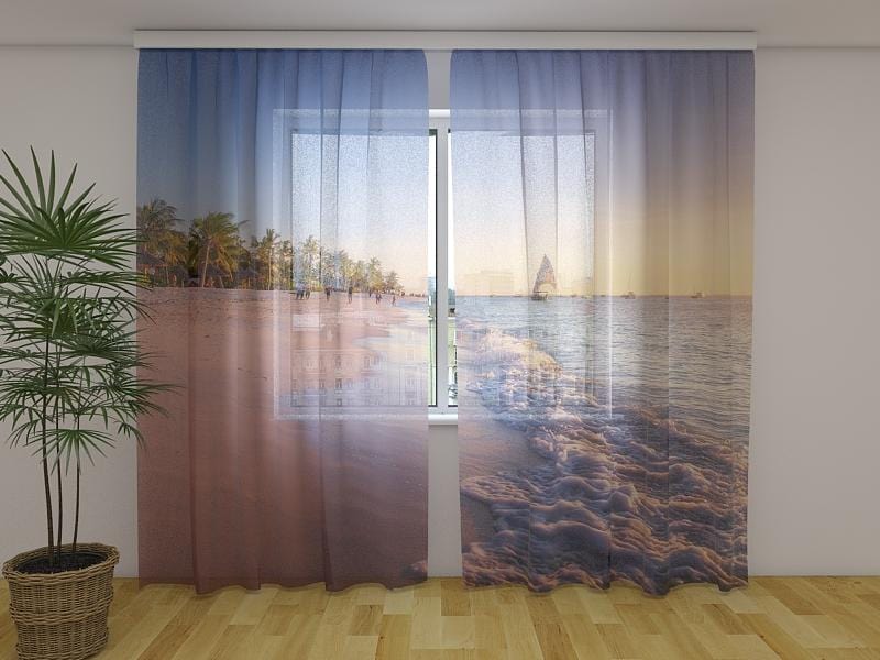 Dienas un nakts aizkari - Krāsains saulriets tropu pludmalē 180 x 140 cm (2X 90x140 cm) / Сaurspīdīgs šifons E-interjers.lv