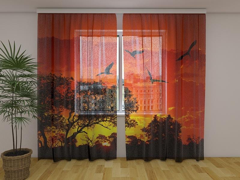 Dienas un nakts aizkari - Lieli ibisi saulrieta laikā 180 x 140 cm (2X 90x140 cm) / Сaurspīdīgs šifons E-interjers.lv
