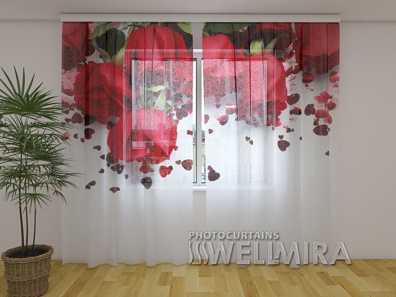 Dienas un nakts aizkari - Rozes un sirdis 180 x 140 cm (2X 90x140 cm) / Сaurspīdīgs šifons E-interjers.lv