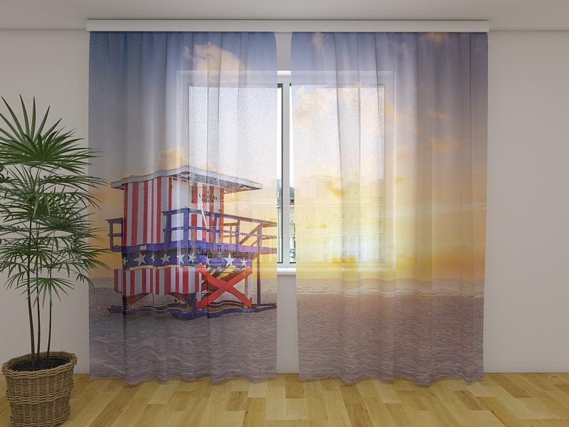 Dienas un nakts aizkari - Saullēkts Maiami pludmalē un glābēju tornis 180 x 140 cm (2X 90x140 cm) / Сaurspīdīgs šifons E-interjers.lv