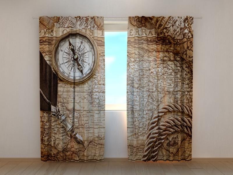 Dienas un nakts aizkari - Vintāžas karte ar kompasu 180 x 140 cm (2X 90x140 cm) / SCREEN E-interjers.lv
