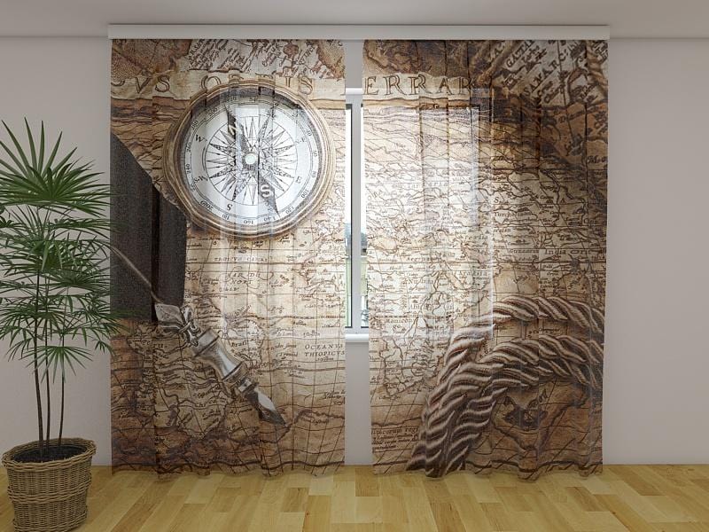 Dienas un nakts aizkari - Vintāžas karte ar kompasu 180 x 140 cm (2X 90x140 cm) / Сaurspīdīgs šifons E-interjers.lv