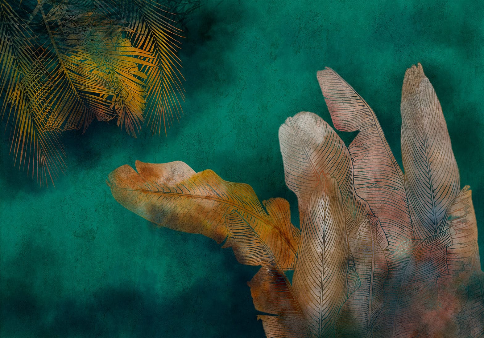 Fototapetes ar abstrakta rakstu - Eksotiskas džungļi – augu motīvs ar lapu atspulgiem uz zaļa fona Tapetenshop.lv