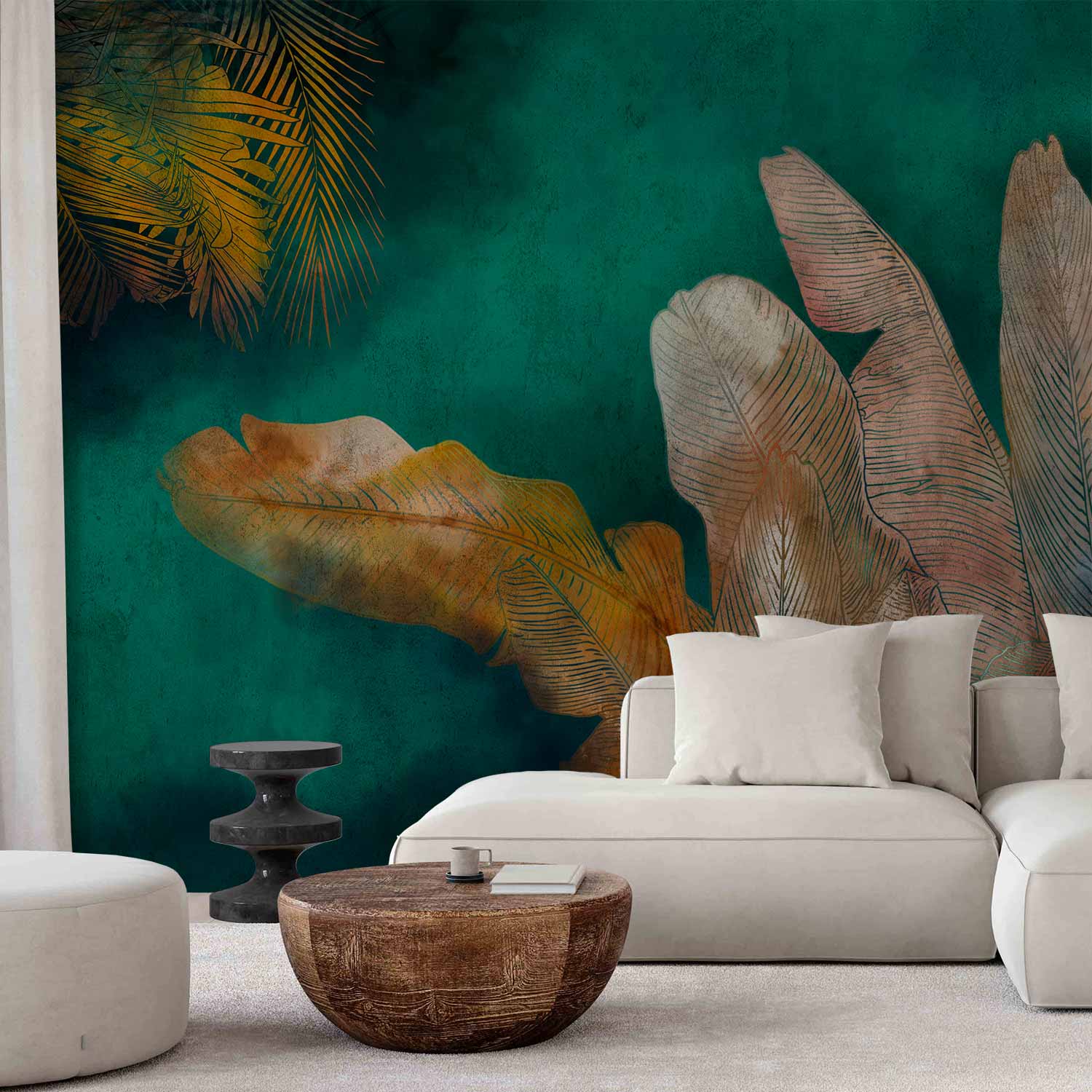 Fototapetes ar abstrakta rakstu - Eksotiskas džungļi – augu motīvs ar lapu atspulgiem uz zaļa fona Tapetenshop.lv
