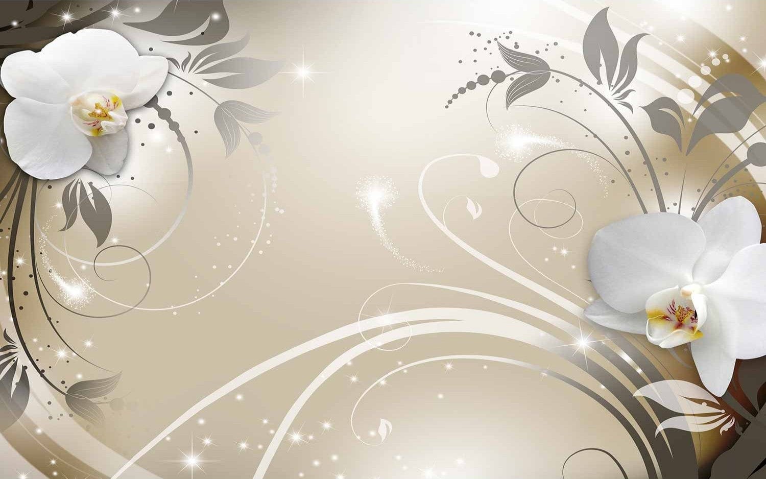 Fototapetes - baltas orhidejas un sudraba ornamenti, 59718 E-interjers.lv