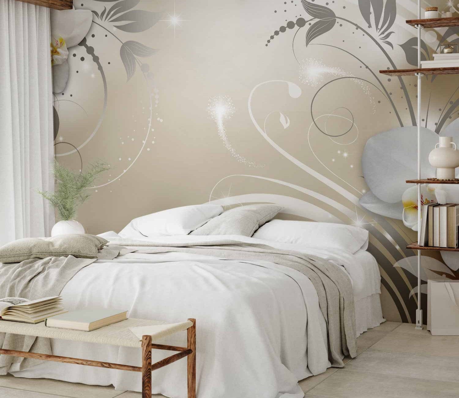 Fototapetes - baltas orhidejas un sudraba ornamenti, 59718 E-interjers.lv