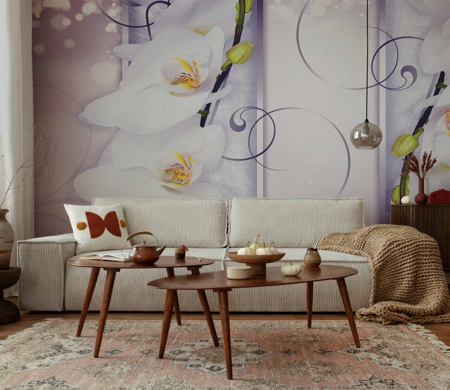 Elegant living room with Fototapetes Burvīgās orhidejas uz violeta fona 60175, featuring white orchids on a purple background.
