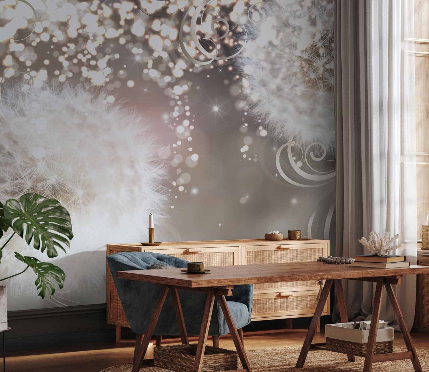 Fototapetes - Burvīgi ziedi - pienenes uz mirdzoša fona, 60142 E-interjers.lv