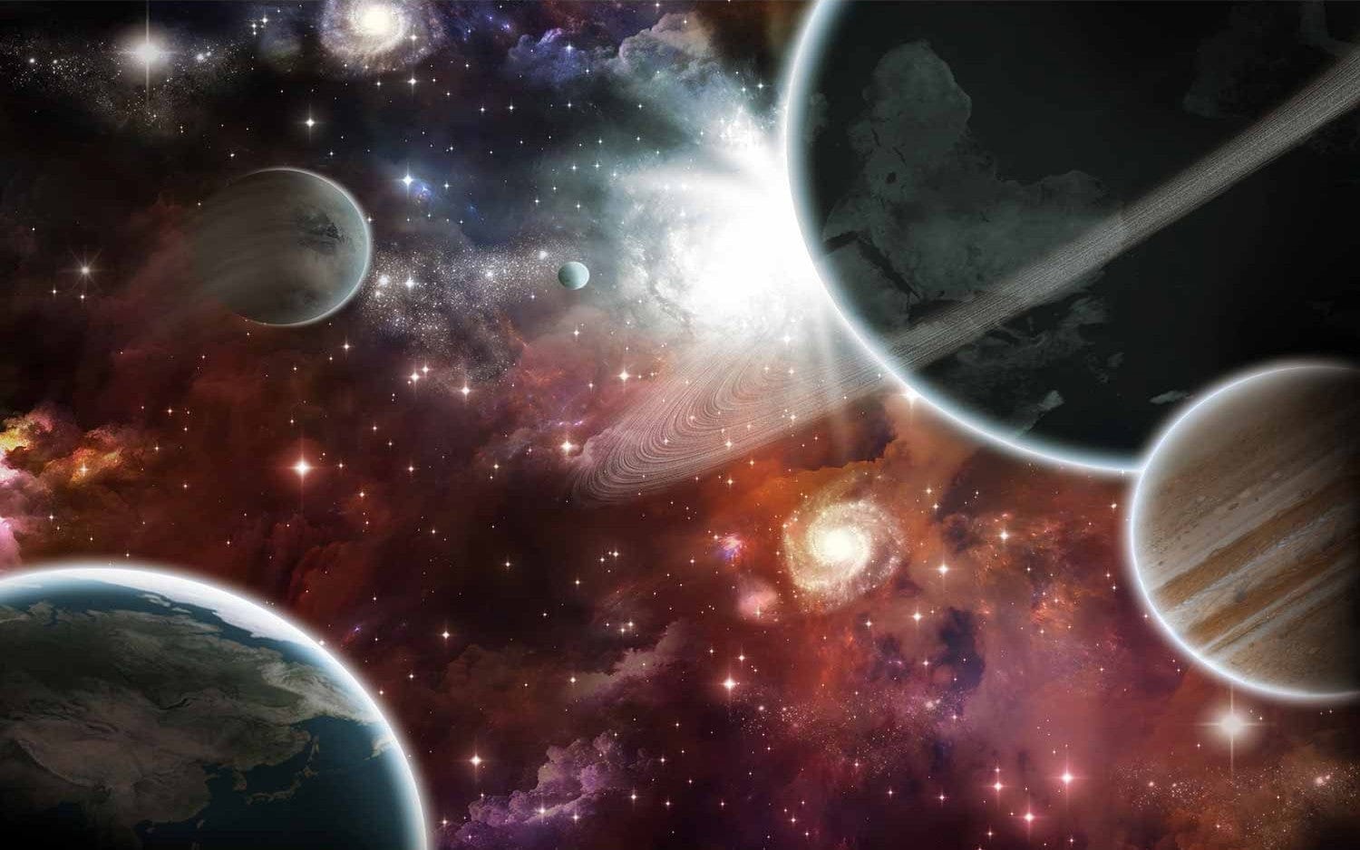 Fototapetes ar kosmosa dizainu, planētas un spilgtas krāsas, piesaista uzmanību viesistabai.