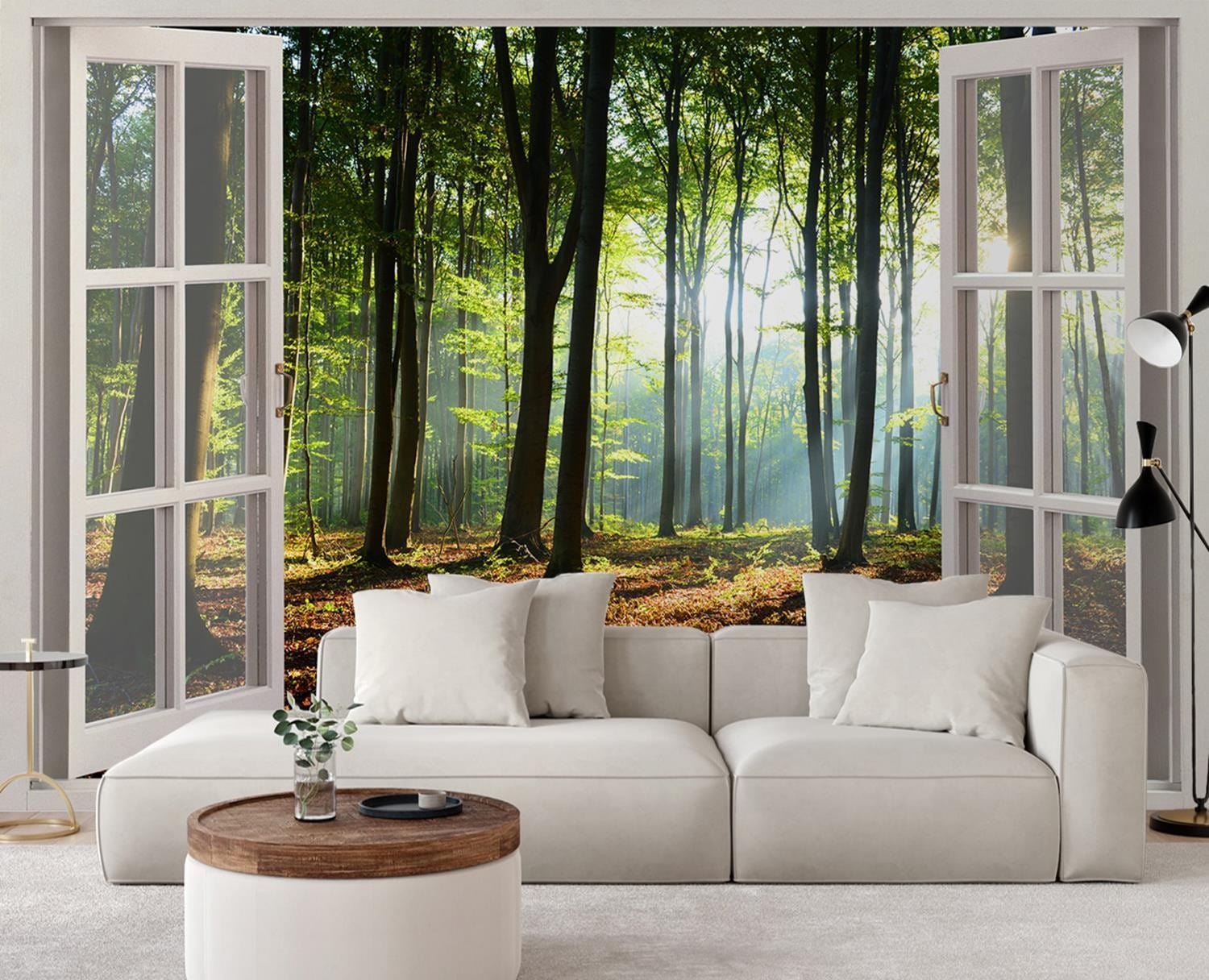 Fototapetes, Skats no loga no rīta mežā Home Decor
