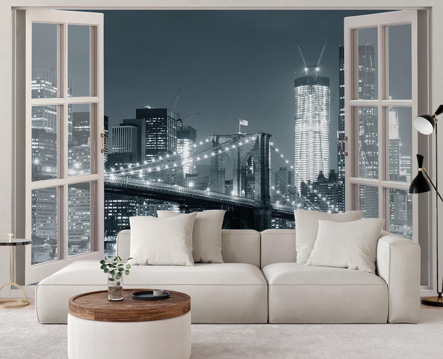 Fototapetes, Skats no loga uz Ņujorku Bruklinas tilts - melns balts Home Decor