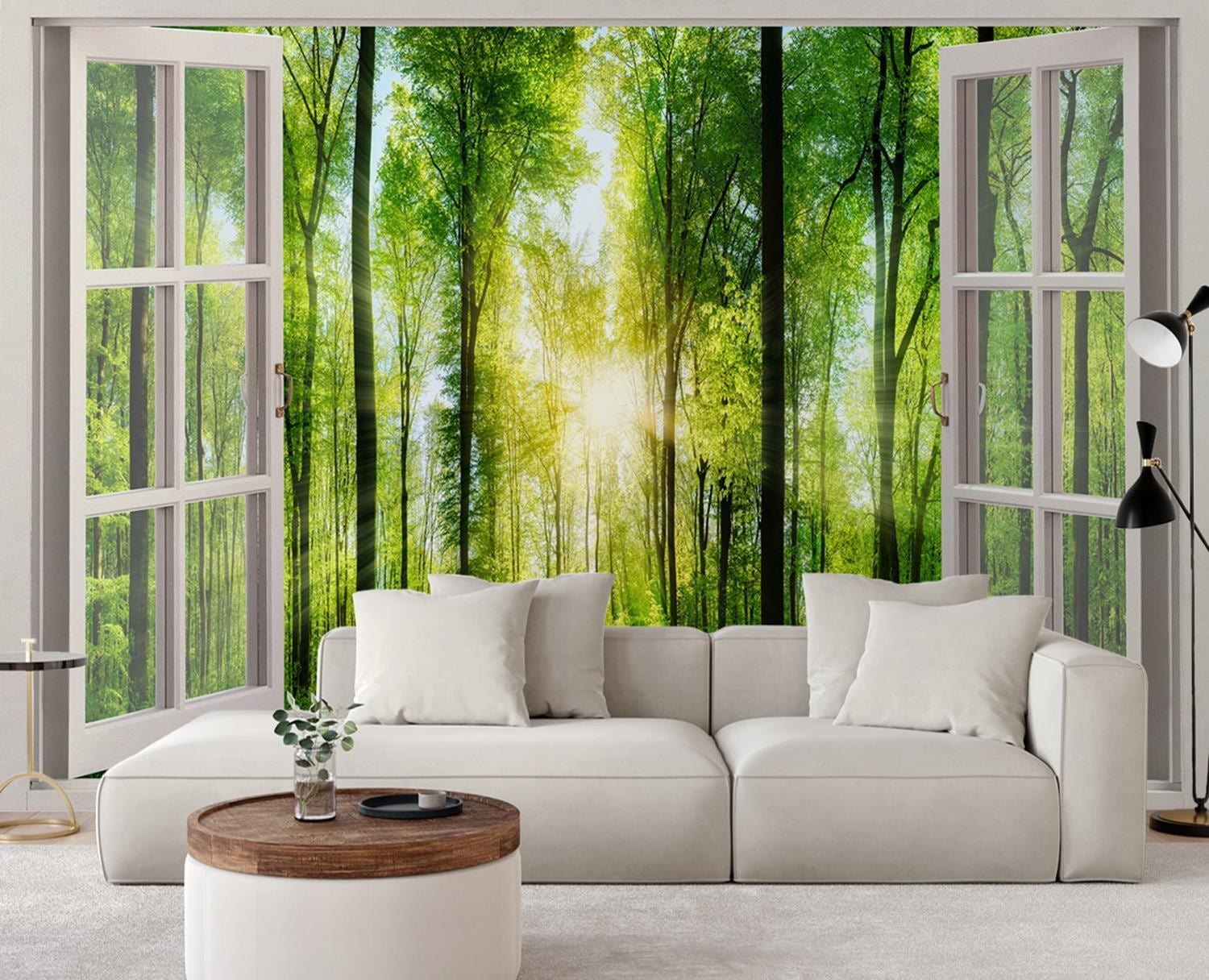 Fototapetes, Skats no loga uz saules stariem mežā Home Decor