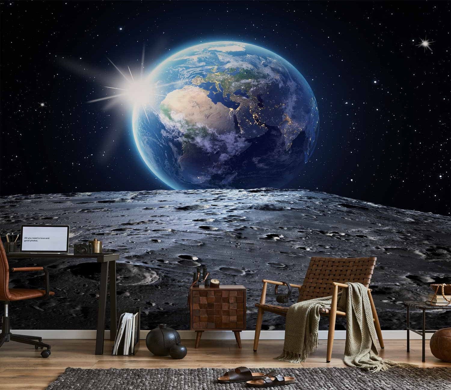 Fototapetes ar skatu uz Zilo planētu, piemērotas viesistabai, spilgtas krāsas un detalizēta aina no Mēness virsmas.