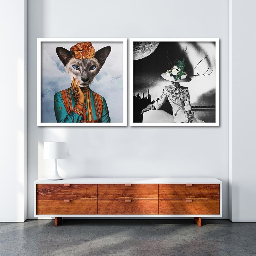 Glezna baltā rāmī - Woman With A Cat's Head Home Trends DECO