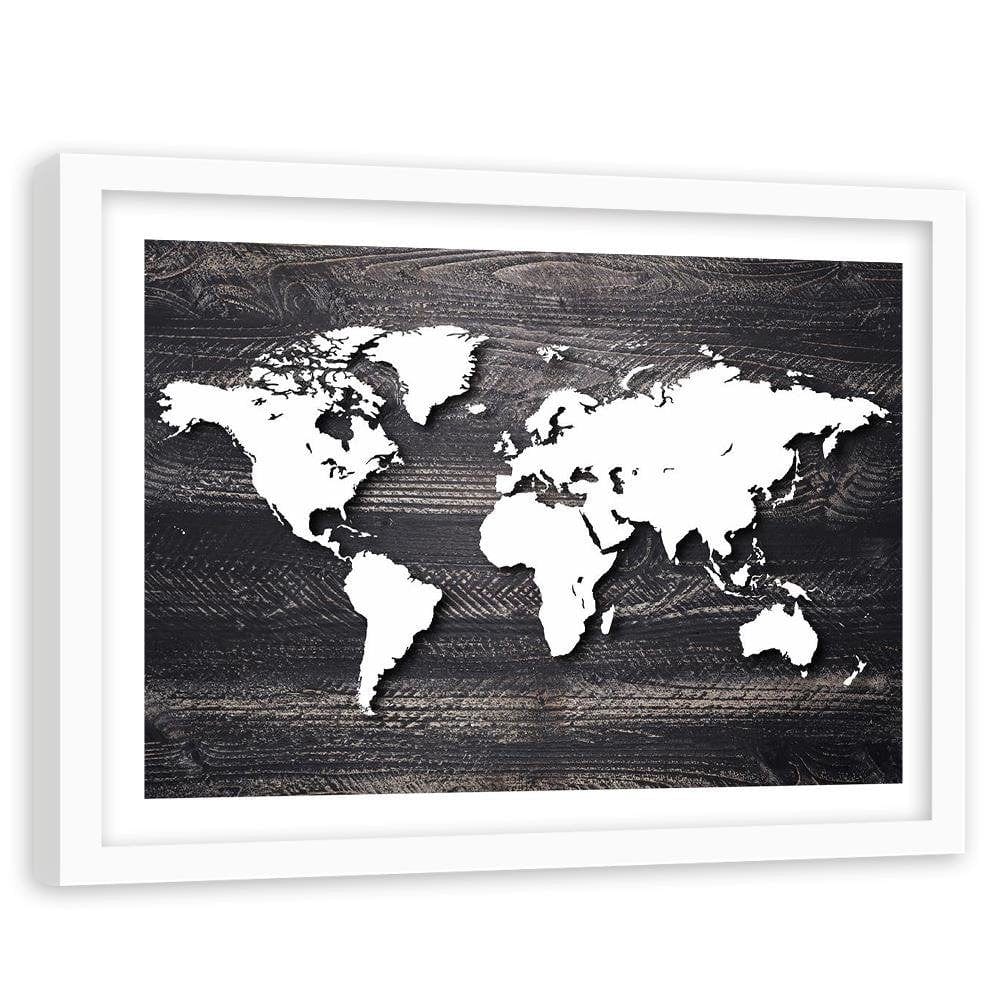 Glezna baltā rāmī - World Map On A Gray Wood Home Trends DECO