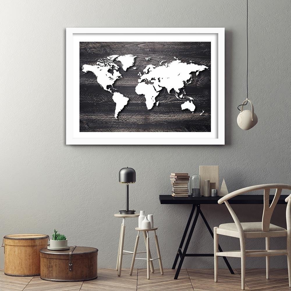 Glezna baltā rāmī - World Map On A Gray Wood Home Trends DECO