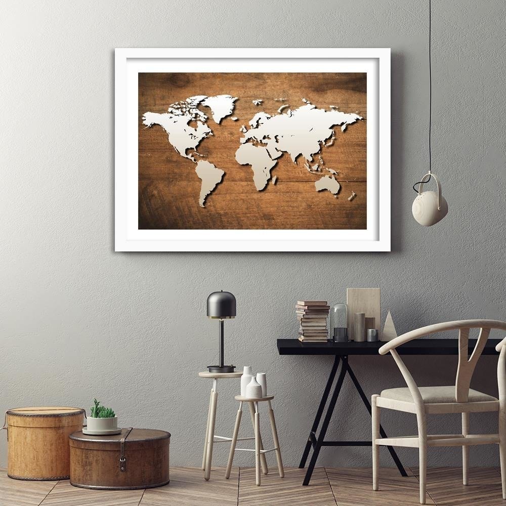 Glezna baltā rāmī - World Map On A Wooden Board Home Trends DECO
