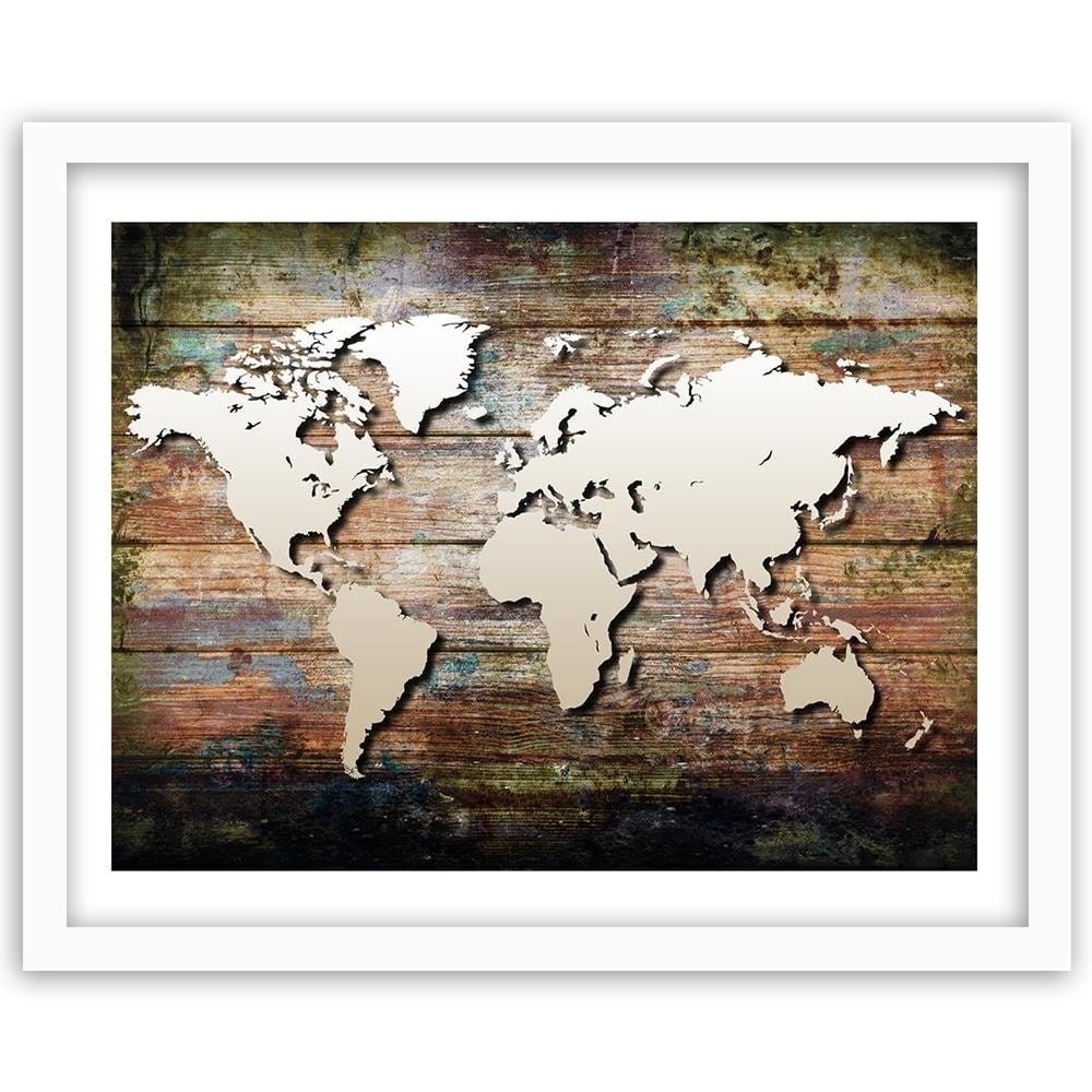 Glezna baltā rāmī - World Map On Old Boards Home Trends DECO