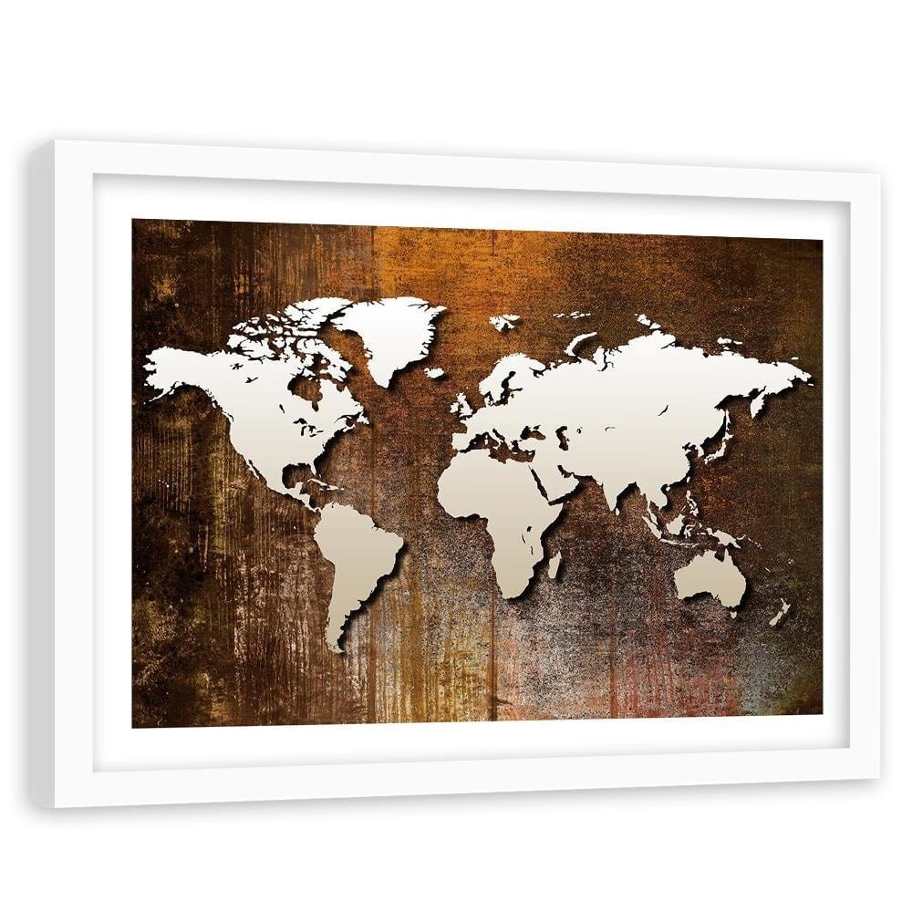 Glezna baltā rāmī - World Map On Wood Home Trends DECO