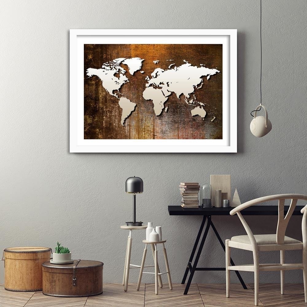 Glezna baltā rāmī - World Map On Wood Home Trends DECO
