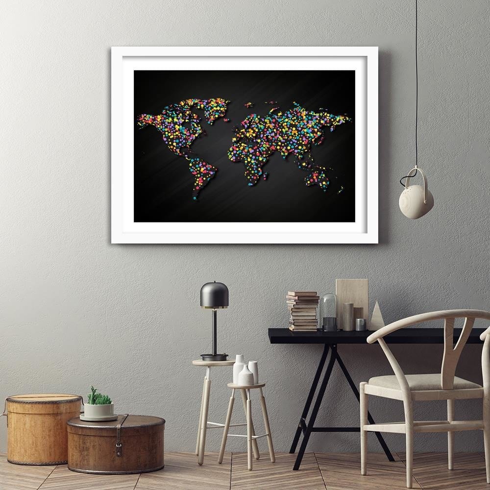 Glezna baltā rāmī - World Map With Colored Dots Home Trends DECO