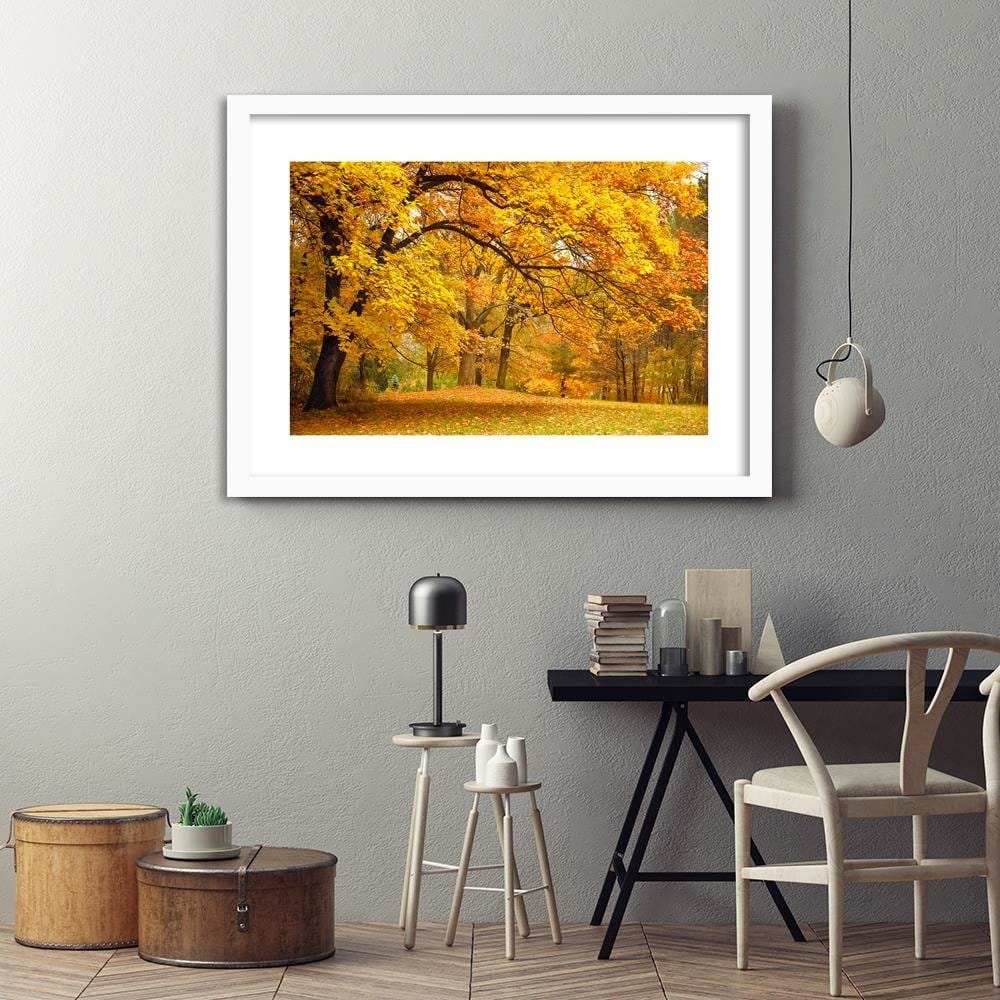 Glezna baltā rāmī - Yellow Autumn Trees Home Trends DECO