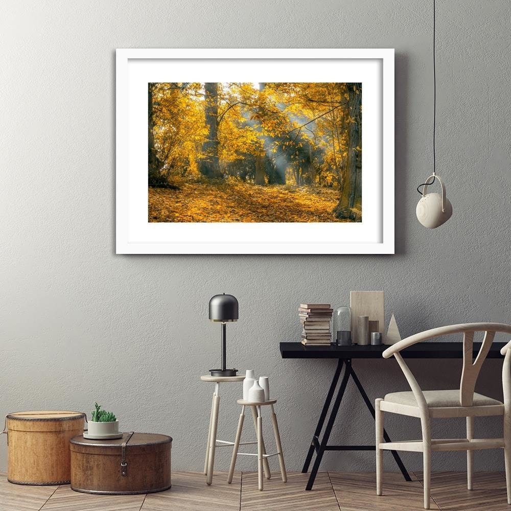 Glezna baltā rāmī - Yellow Trees In The Park Home Trends DECO