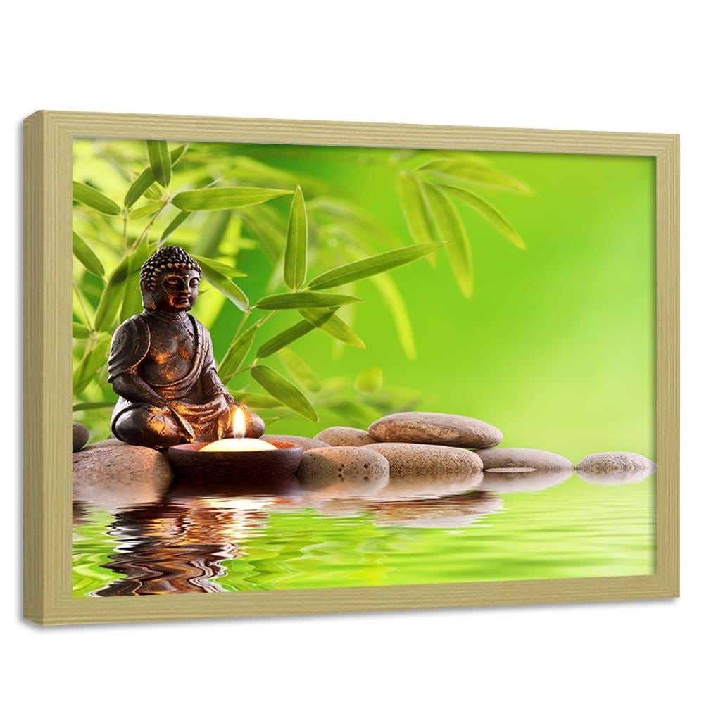 Glezna bēšā rāmī - Budda On The Green Background Home Trends DECO