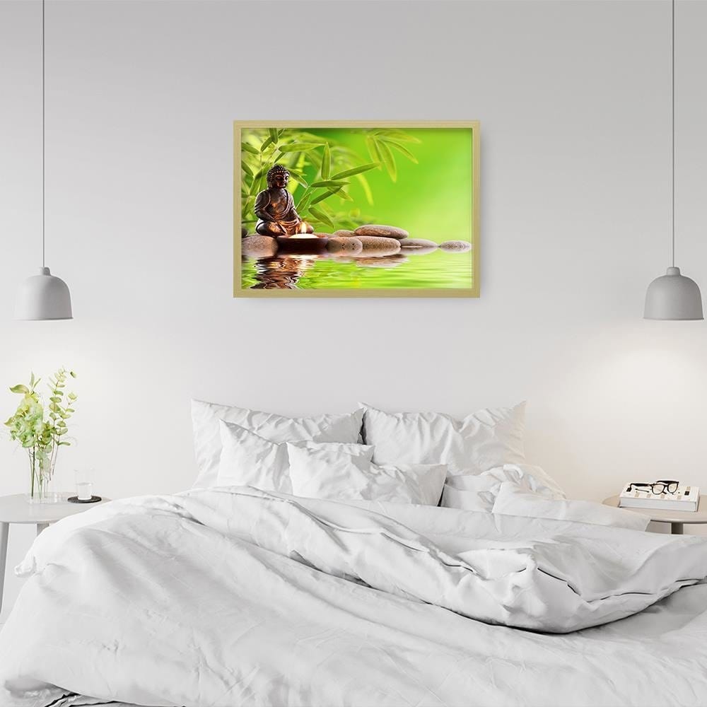 Glezna bēšā rāmī - Budda On The Green Background Home Trends DECO