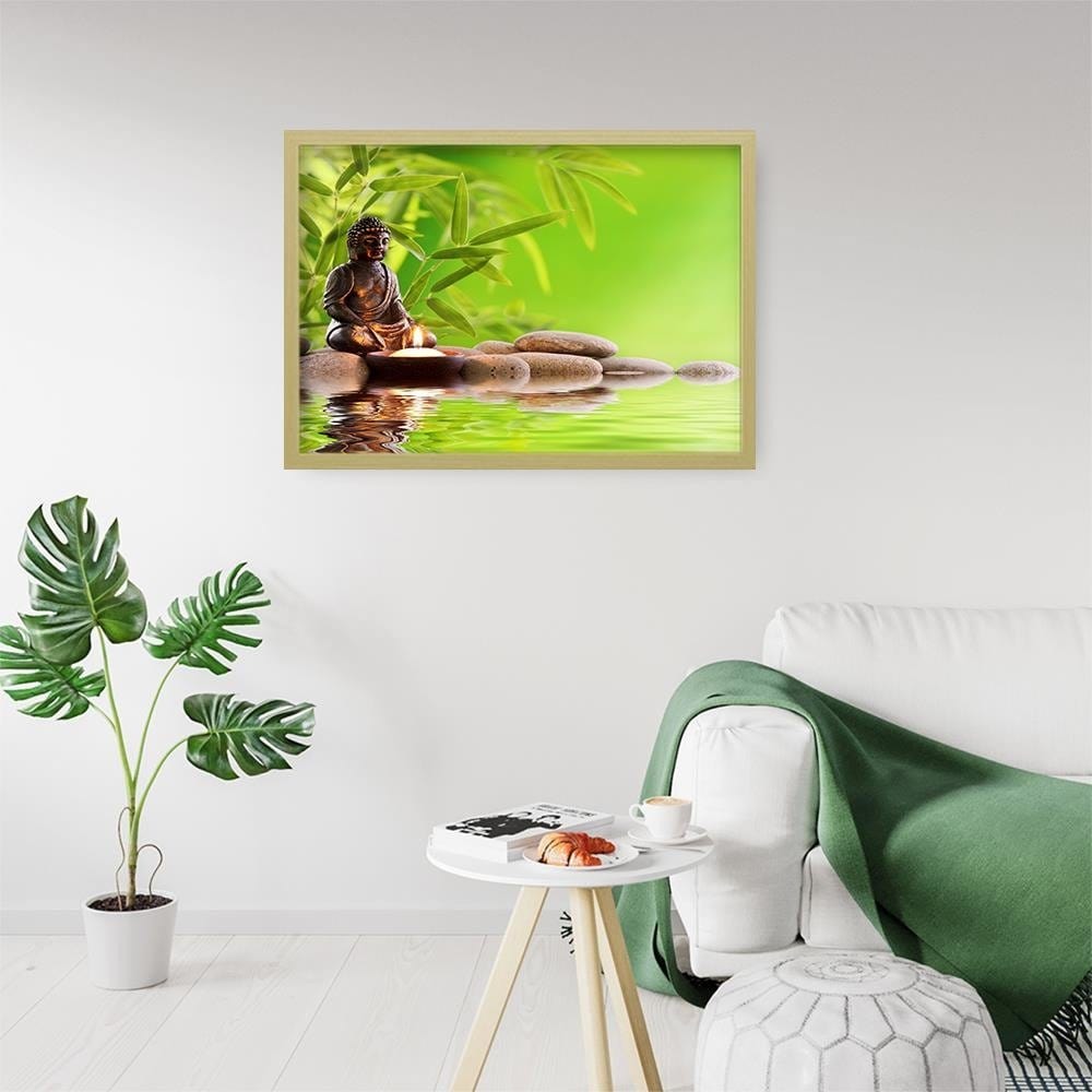 Glezna bēšā rāmī - Budda On The Green Background Home Trends DECO