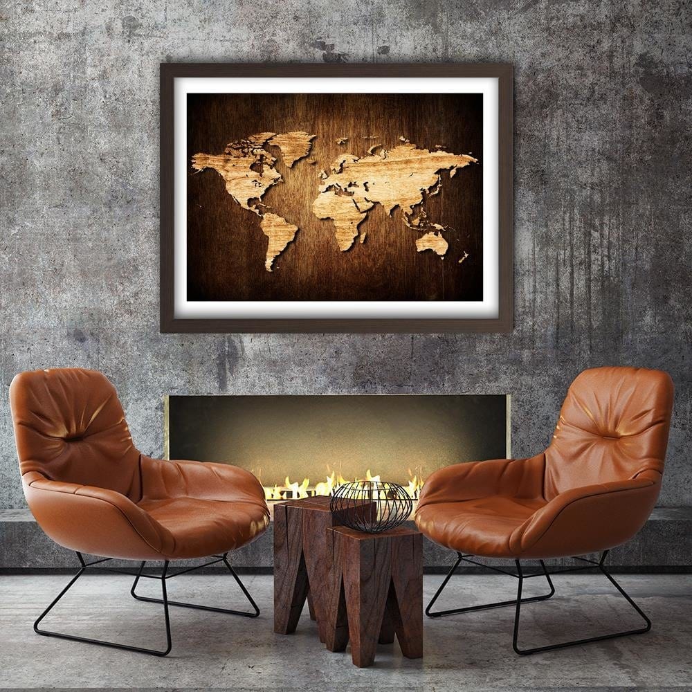 Glezna brūnā rāmī - Wooden World Map Home Trends DECO
