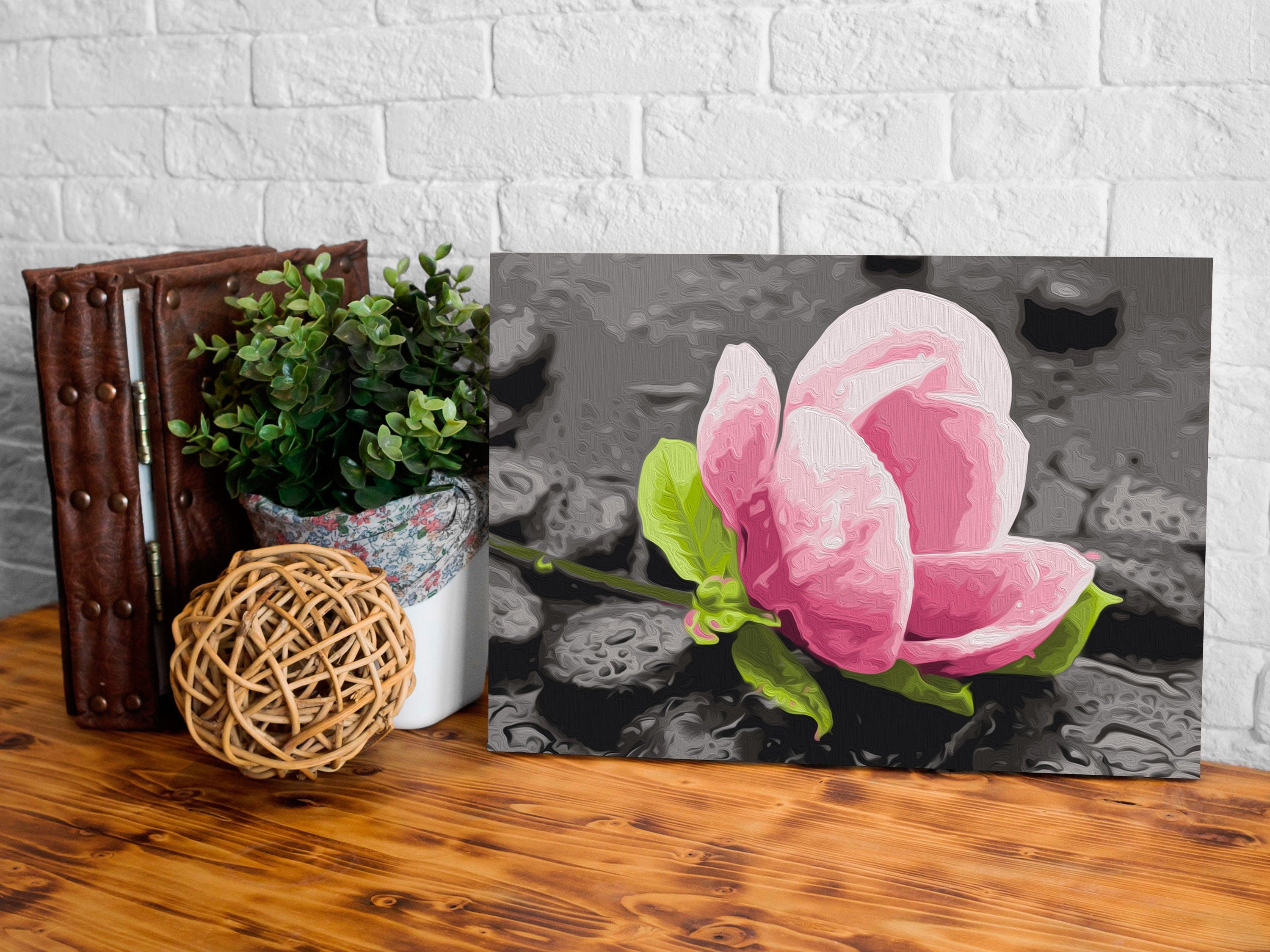Glezna izkrāso pēc cipariem - Pink Flower and Stones 60x40 cm Artgeist