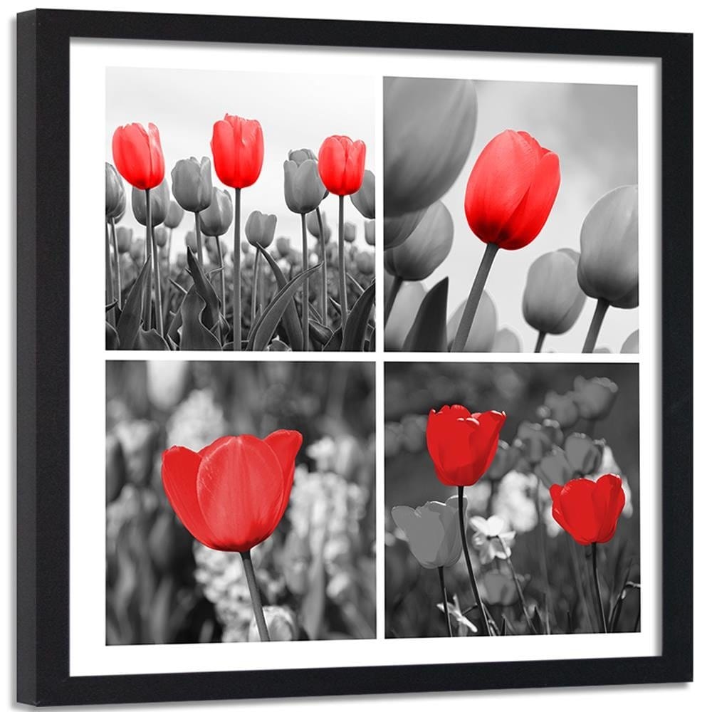 Glezna melnā rāmī - A Set Of Red Tulips In Gray Home Trends