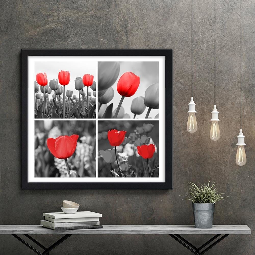 Glezna melnā rāmī - A Set Of Red Tulips In Gray Home Trends