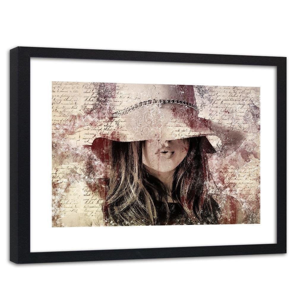 Glezna melnā rāmī - Beautiful Woman In A Hat Home Trends