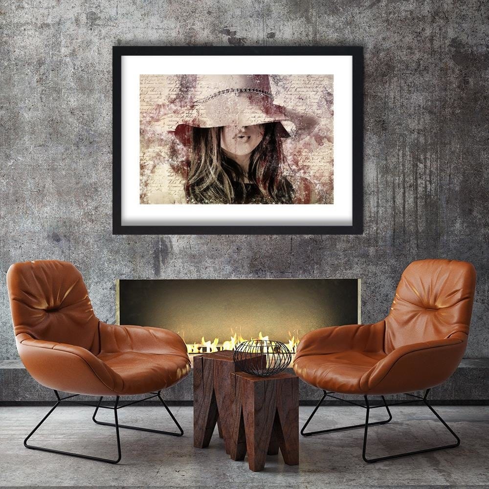 Glezna melnā rāmī - Beautiful Woman In A Hat Home Trends
