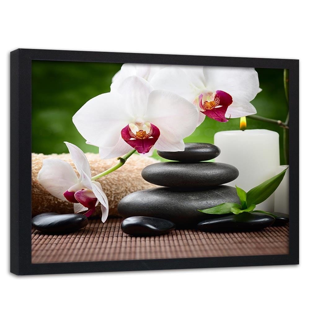 Glezna melnā rāmī - Black Stones And White Orchid Home Trends