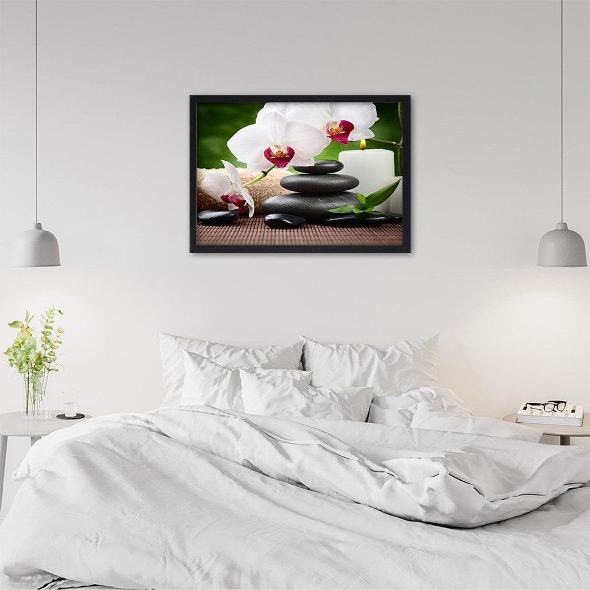 Glezna melnā rāmī - Black Stones And White Orchid Home Trends