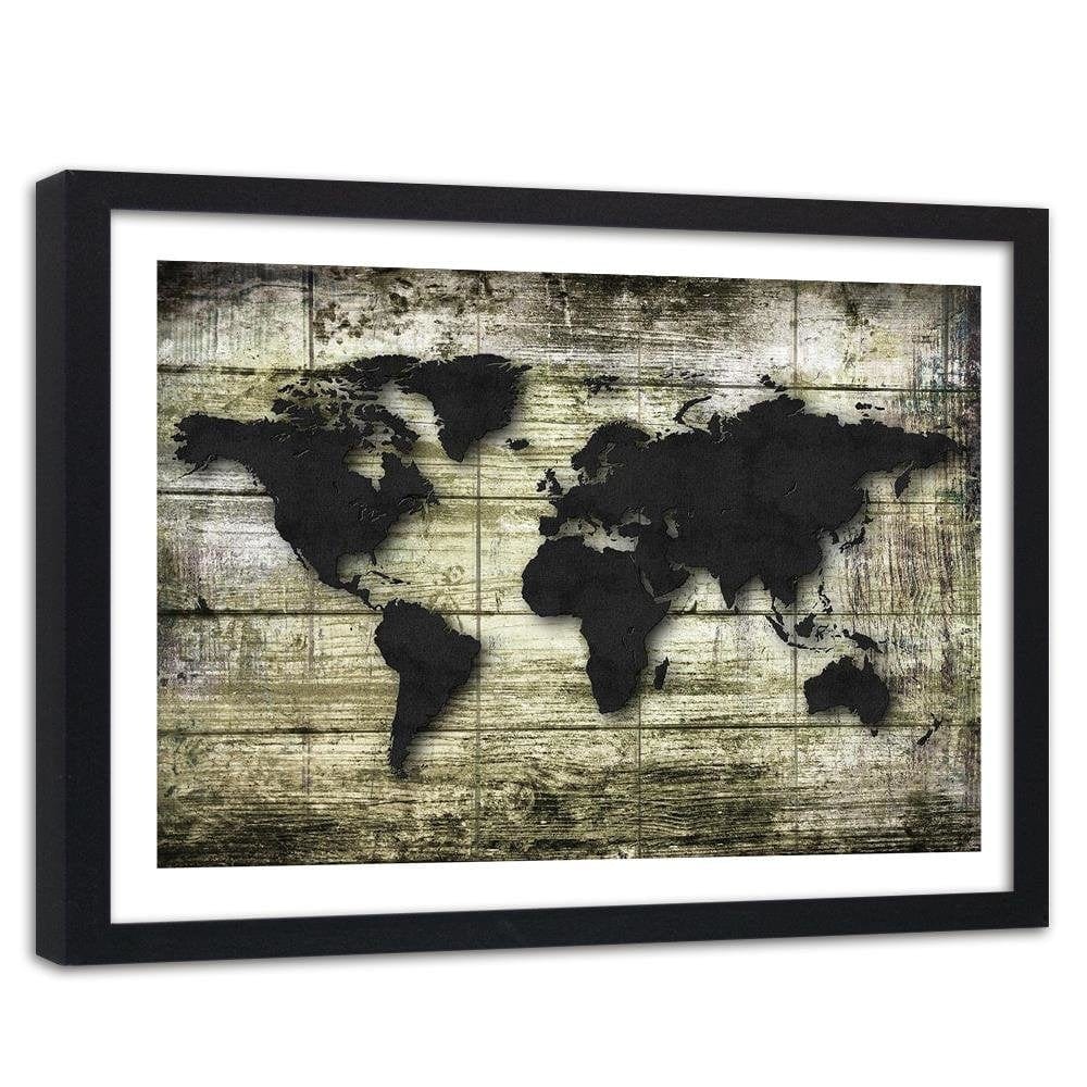 Glezna melnā rāmī - Black World Map On The Boards Home Trends