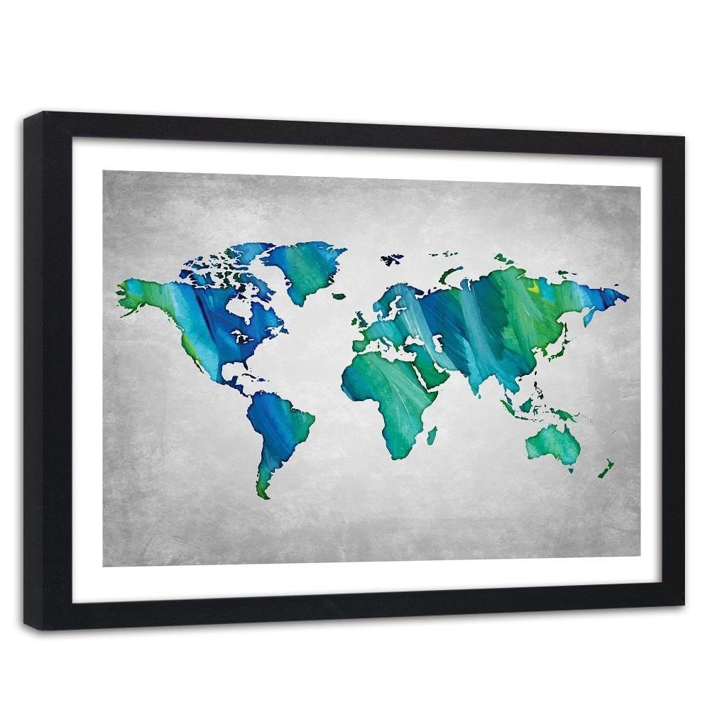 Glezna melnā rāmī - Blue-Green World Map Home Trends