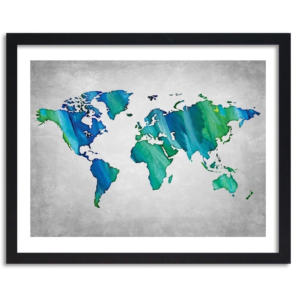 Glezna melnā rāmī - Blue-Green World Map Home Trends