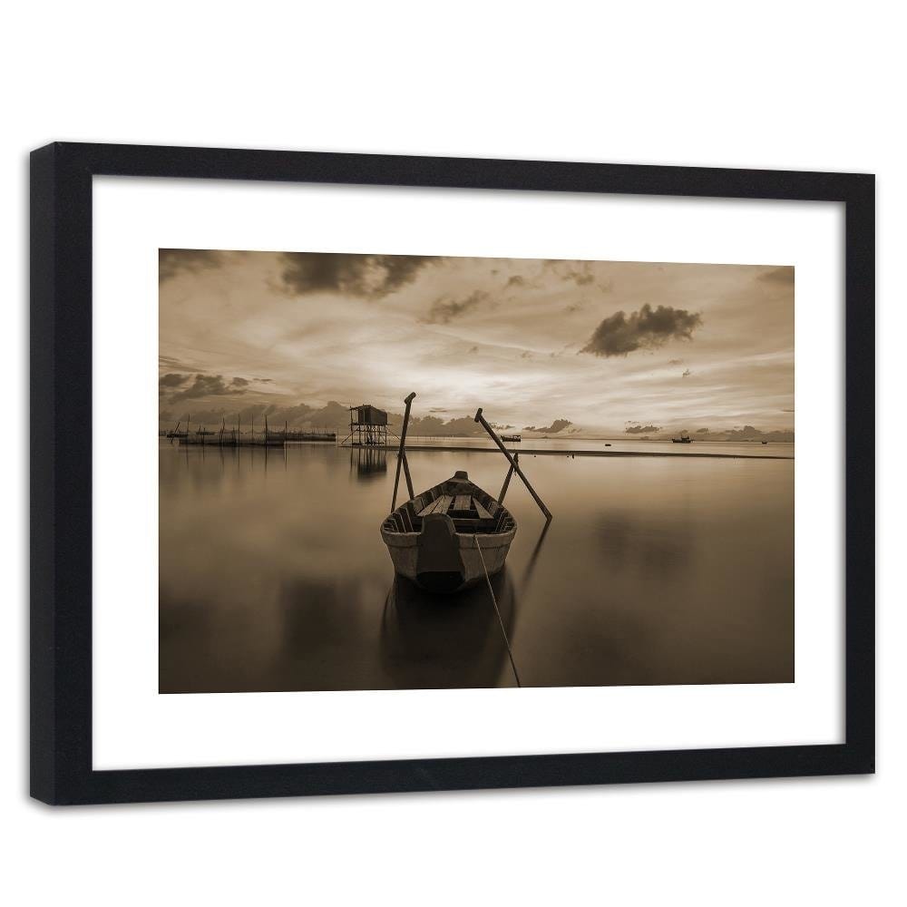Glezna melnā rāmī - Boat On Calm Lake 1 Home Trends