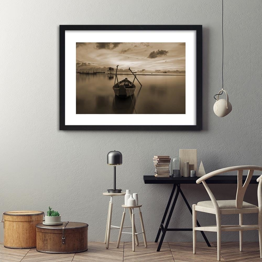 Glezna melnā rāmī - Boat On Calm Lake 1 Home Trends